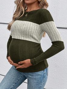 SHEIN Maternity Casual Colorblock Spring/Autumn Long Sleeve Round Neck Nursing Top Long Maternity T-Shirt Fall - Army Green - View 5