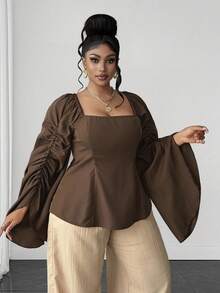 Maweii Plus Size Women's Solid Color Square Neck Casual Everyday Blouse Fall - Brown - View 4