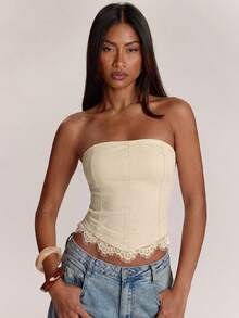 SHEIN BAE Women's Solid Color Lace Patchwork Bandeau Top - Apricot - View 6