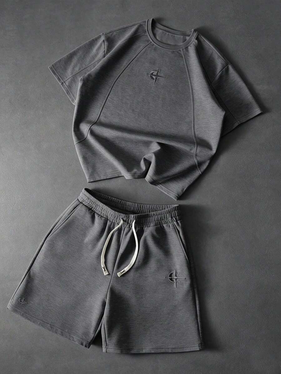 PAVTROS Set Kaos Patchwork Kasual Pria Gaya Jalanan Muda - Grey - View 1