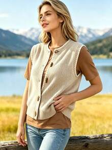 Selamara Women's Colorblock Casual Versatile Daily Wear Vest - Khaki - View 5