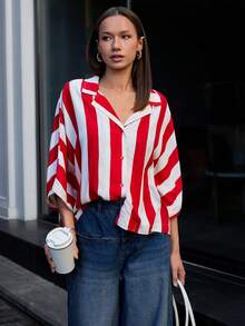 Wovencharm Wovencharm 100%Cotton Women's Colorblock Striped Batwing Sleeve Shirt - Red - View 7