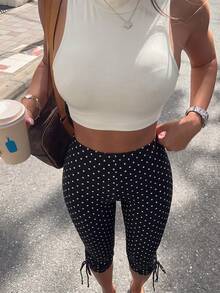 Pariaura 2pcs/Set White High Neck Sleeveless Tank Top And Long Drawstring Pants With Round Print Gym Workout Black Polka Dot Summer Casual Athleisure - Black and White - View 5