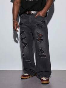 Modcrash 1 buah Celana Jeans Pria Model Lebar dengan Detail Sobek, Gaya Vintage Amerika, Kasual, Longgar, Ukuran Besar (Produk Tidak Termasuk Sabuk dan Aksesoris) Musim Gugur/Musim Dingin - Hitam - View 6