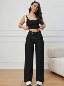 SHEIN PETITE 女款休閒寬鬆斜口袋毛邊寬腿牛仔褲，適合嬌小女性 - 黑色 - 查看 3