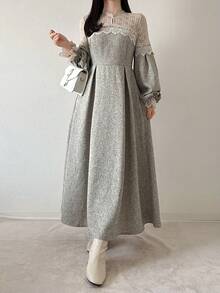 FRIFUL Gaun Panjang Romantis Elegan Wanita dengan Renda Kontras dan Manset Berumbai, Cocok untuk Kencan Hari Guru, Atasan Musim Panas Warna Abu-abu yang Imut - Grey - View 2