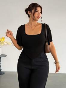 Firerie Plus Size Women's Solid Color Square Neck Casual Versatile Daily T-Shirt - Black - View 2