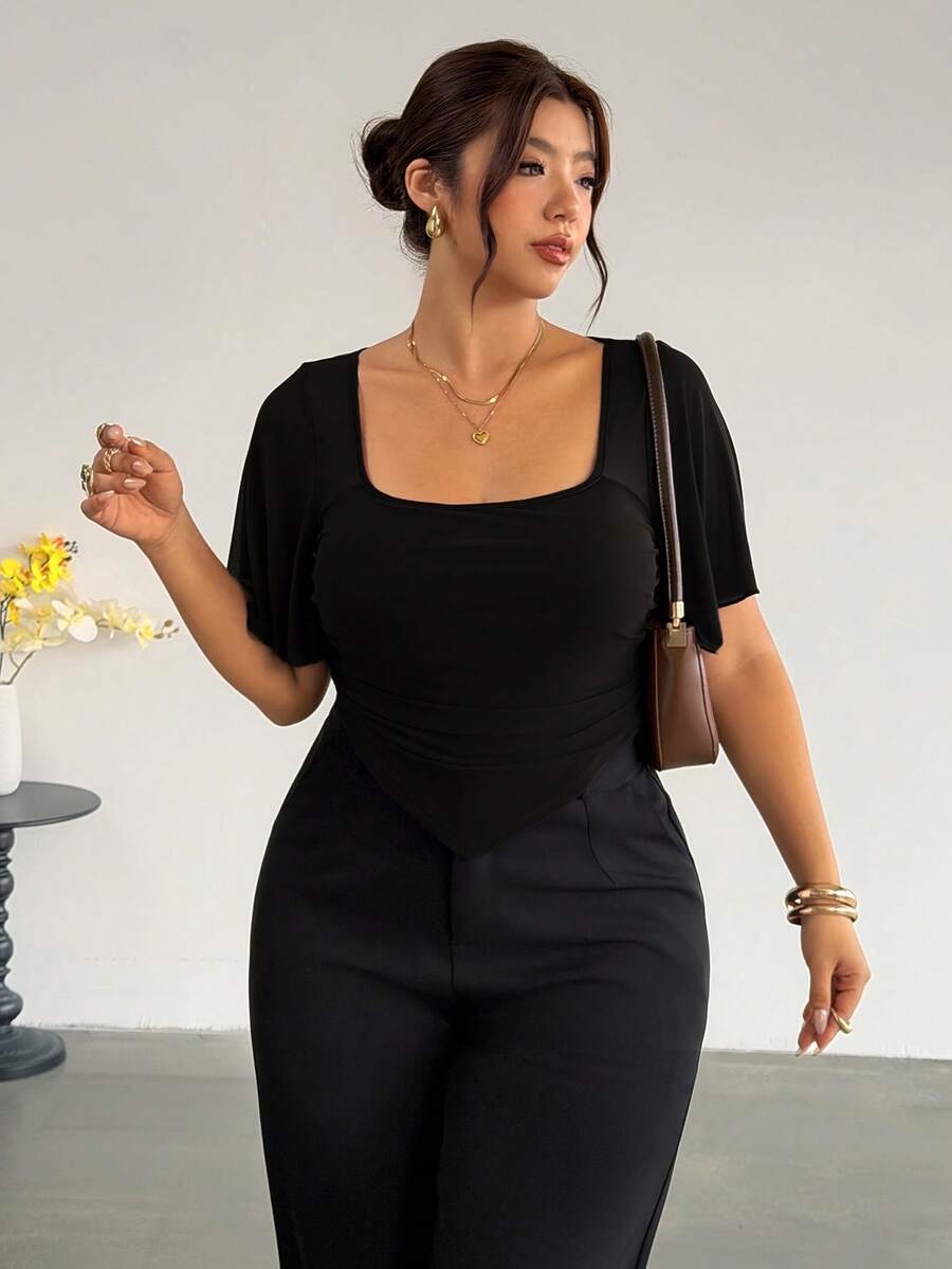 Firerie Plus Size Women's Solid Color Square Neck Casual Versatile Daily T-Shirt