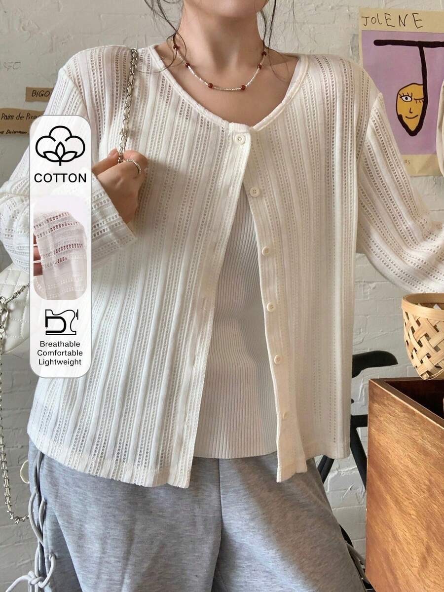 Dazy Plus Cardigan Wanita Ukuran Besar Kasual Warna Putih Leher Bulat Lengan Panjang, Atasan Lucu untuk Musim Semi/Panas - Putih - View 1