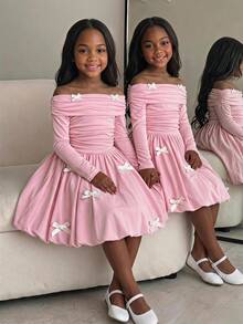 SHEIN Young Girl Casual Fairy Princess Elegant High-End Street Style Solid Color Fitted A-Line Dress, Pink, Suitable For Weddings, Parties, Autumn - Multicolor - View 2