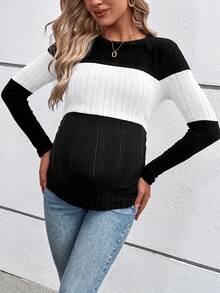 SHEIN 孕婦休閒拼色春秋長袖圓領哺乳上衣長版孕婦T恤秋季款 - 黑與白 - 查看 6