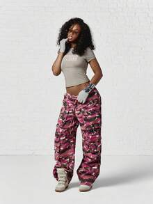 SUMWON WOMEN Wide Leg Cargo Pants With Pink Camouflage Print Low Rise Drawstring Waist Multi Pocket Utility Style Full Length - Purple - View 2