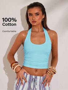SHEIN BAE Women's Solid Color Backless Halter Neck Cropped Tank Top - Mint Blue - View 1