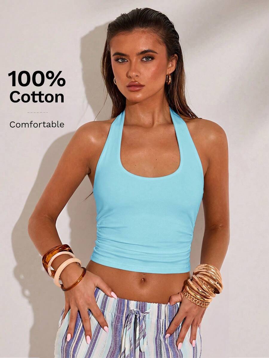 SHEIN BAE Women's Solid Color Backless Halter Neck Cropped Tank Top - Mint Blue - View 1