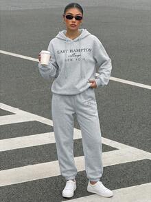 SHEIN LUNE Letter Graphic Drawstring Hoodie & Sweatpants - Light Grey - View 1