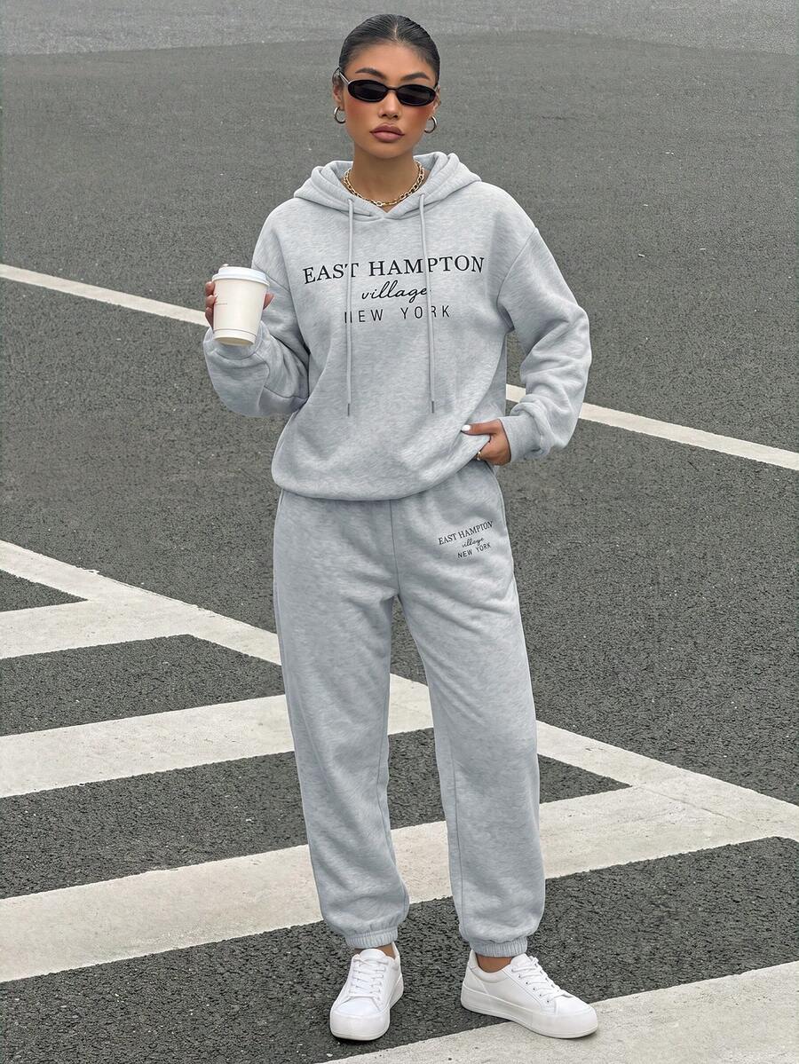 SHEIN LUNE Letter Graphic Drawstring Hoodie & Sweatpants - Light Grey - View 1