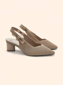 CUCCOO BASICS Ladies' Pointed, Thick Heel, Breathable Mesh, Bow Tie, Back Strap Shoes, Commuting Style, Versatile For Daily Dates, Single Shoe - Khaki - View 4
