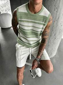 Manfinity Roghcode Men's Colorblock Striped Hollow Knit Vest - Green - View 1