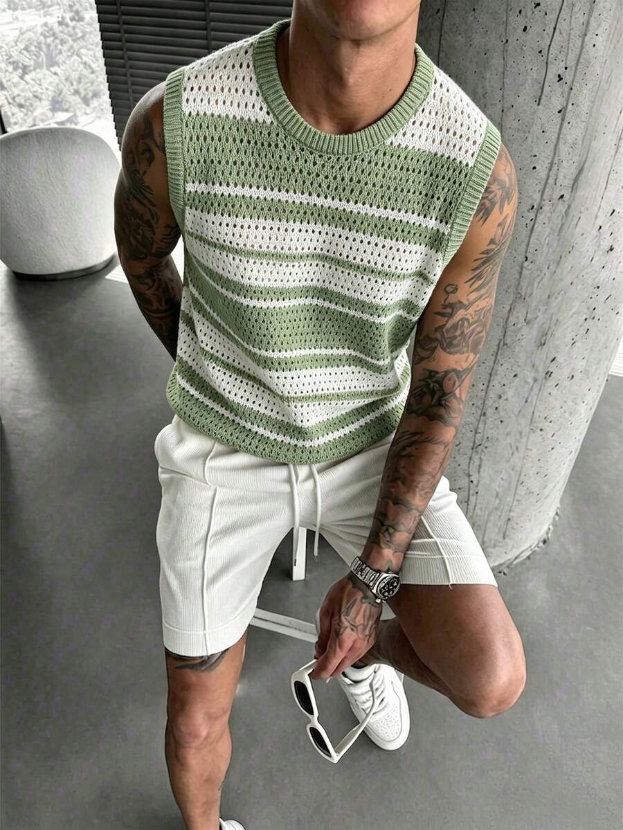 Manfinity Roghcode Men's Colorblock Striped Hollow Knit Vest - Green - View 1