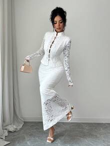 SHEIN Elenzya 2pcs Set Exquisite Hollow Lace Frog Button Top & High Waist Long Skirt - White - View 6