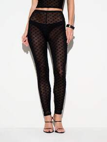 KIZN Sheer Mesh High Rise Skinny Leggings With All Over Monogram Logo Pattern Full Length See Through Festival Party Night Out - Black - View 3