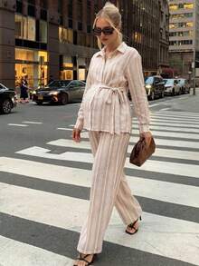 MaterniWear 孕婦休閒通勤條紋襯衫與長褲兩件套 秋季 - 彩色 - 查看 3