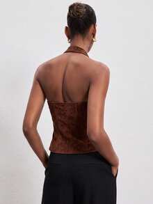 ATUI Studio Women's Brown Halter Neck Top With Buttons – Stretchy Fitted Blouse, Everyday Essential For Fall, Daily & Work - Coffee Brown - View 2