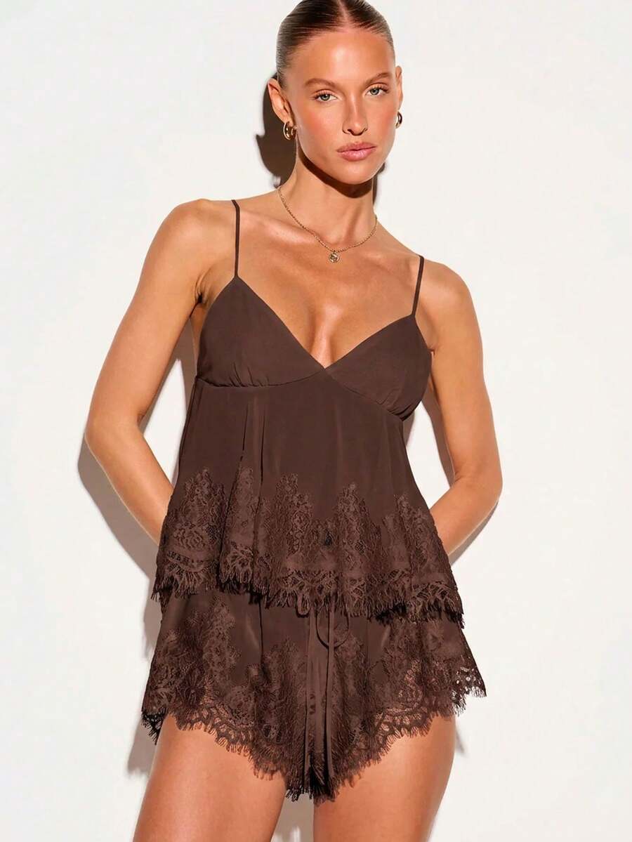 KIZN Satin Cami Top With V-Neck Spaghetti Straps And Floral Lace Trim Detail - Elegant Summer Evening Wear - Brown - View 1