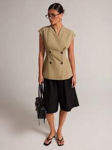 SHEIN BAE Schwarze kurze weite Anzughose mit Taschen, locker geschnittene Capri-Hose für Arbeit, Business, Büro, Sommer, lässig, elegant - Schwarz - Übersicht 3