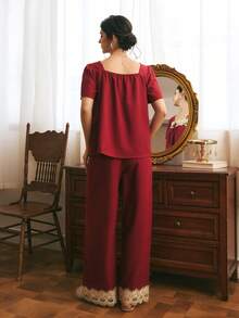 Côtesoire Women's Elegant Lace Patchwork Tie-Up Top And Long Pants Pajama Set - Burgundy - View 2