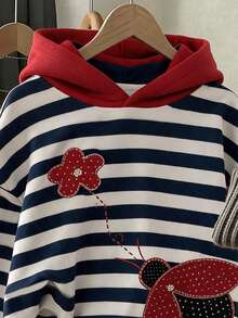 青少年女孩休閒可愛連帽衛衣 簡單仿刺繡印花 夏秋校園穿搭 海軍藍與白色 舒適日常街頭風套裝 - 白色 - 查看 3
