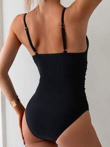 Swim Basics Summer Beach Women Vacation Solid Color Padded Ruched Front Knot One-Piece Swimsuit With Underwire Push Up - Black - View 2