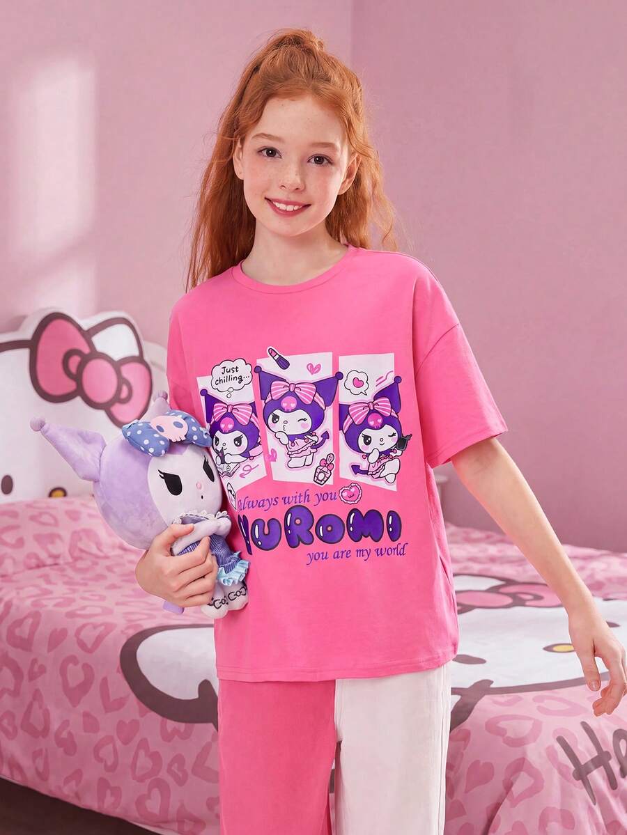 HELLO KITTY AND FRIENDS | SHEIN 女童休闲百搭可爱卡通图案针织短袖T恤 - 玫紅色 - 查看 1