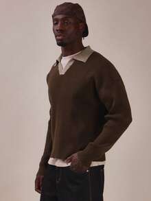 Musero Sweater Rajut Rib Lengan Panjang dengan Kerah Kontras dan Potongan Longgar, Model Bahu Jatuh, Cocok untuk Musim Semi dan Musim Panas - Coklat - View 3