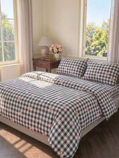 Cirelle 3pcs Black And White Plaid Duvet Cover Set, Soft Polyester Reversible Gingham & Pink Bowknot Bedding Set With Zipper Closure & 2 Pillow Shams, Cute Coquette Room Decor (No Insert)