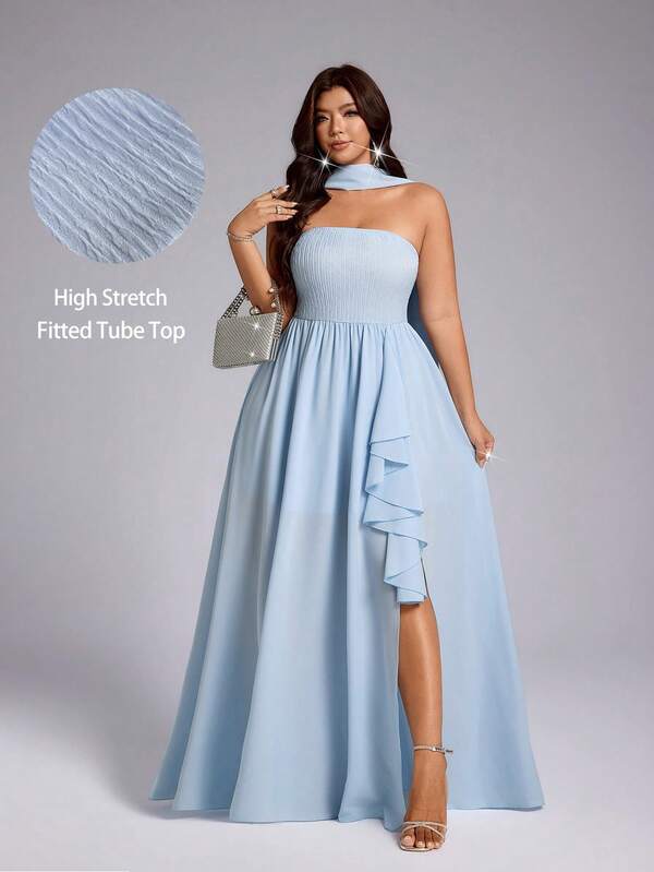 Viva Relle Plus Size Women's Summer Light Blue Strapless Waist-Cinched A-Line Dress With Ruffle Hem, Contrast Color Ribbon, And Water Sleeve For Outings, Gatherings And Elegant Parties