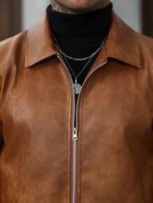 Manfinity CasualCool 男士復古焦糖棕翻領夾克，老錢風靜奢風，高品質質感，百搭 - 棕色 - 查看 5