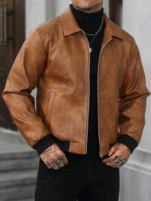 Manfinity CasualCool 男士復古焦糖棕翻領夾克，老錢風靜奢風，高品質質感，百搭 - 棕色 - 查看 7