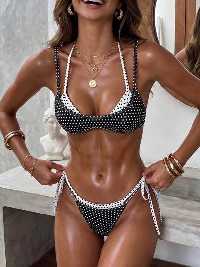 Bonvoyette Women's 2-Piece Sexy Black & White Polka Dot Patchwork Tie-Front Bandeau 2 In 1 Swimsuit Set, Summer Beachwear