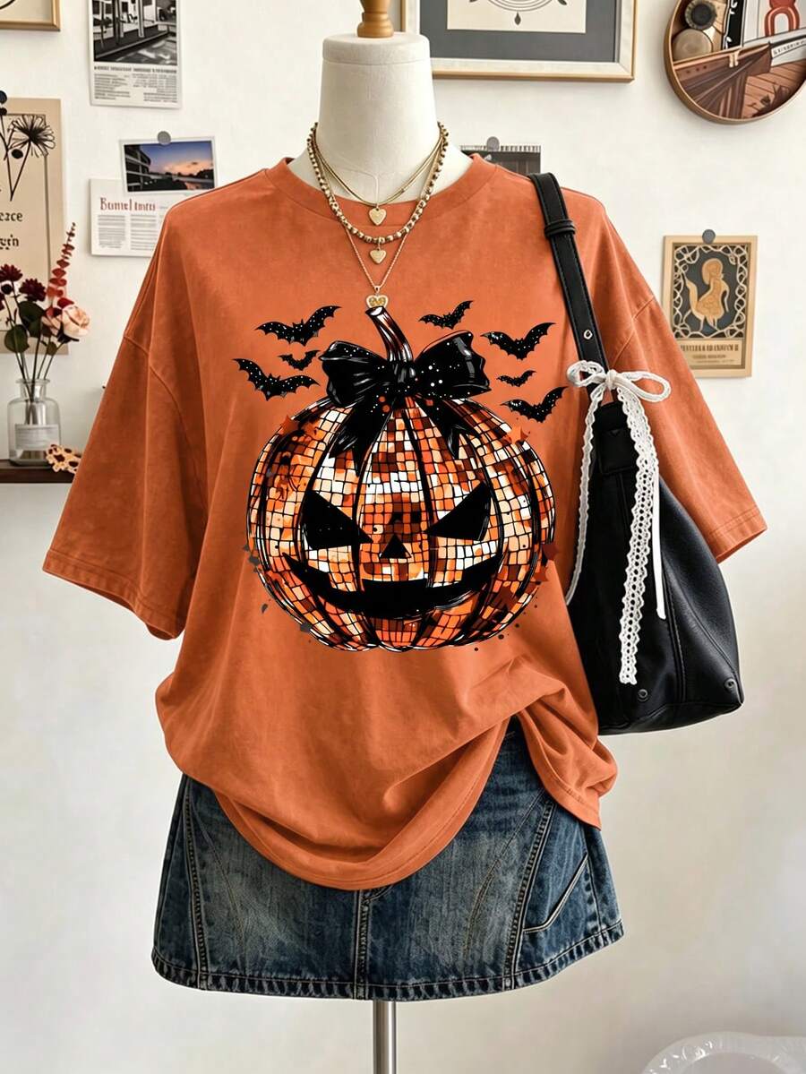 Lalippa 萬聖節迪斯可南瓜與蝙蝠印花寬鬆圓領棉質短袖大尺碼T恤 - 白色 - 查看 1