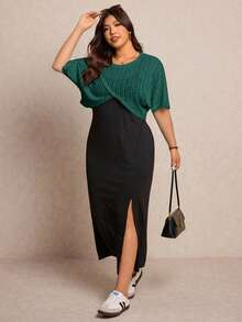 Elaquor Plus Size Solid Color Side Slit Cami Dress And Round Neck Cropped Top 2-Piece Set - Dark Green - View 1