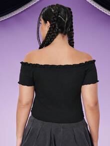 HELLO KITTY AND FRIENDS | SHEIN Sweet & Cool Y2K Off-Shoulder Lettuce Trim Bodycon Stretchy Black Plus Size Kuromi Print Top - Black - View 2