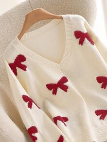 CosyJoli Plus Size Women Loose Fit V-Neck Butterfly Pattern Long Sleeve Sweater In Fall/Winter - Apricot - View 4