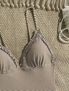 Swim Mod New Brown & White Striped Ruffle Strap One-Piece Swimsuit For Women, Summer - Brown - View 4