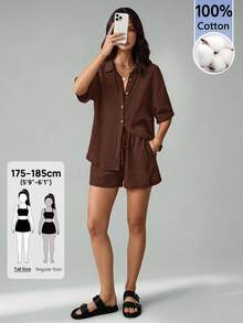 SHEIN Tall 女款純色落肩單排扣襯衫與短褲休閒兩件套 - 棕色 - 查看 2