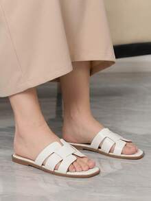 Sleekvia Sandal Kepang Berbentuk H Warna Putih dengan Ujung Persegi dan Sol Datar, Sandal Selop Gaya Retro untuk Wanita - Putih - View 4