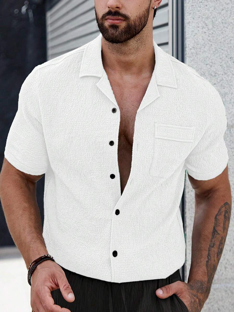 Manfinity CasualCool Men's Solid Color Single-Breasted Pocket Short Sleeve Shirt - White - View 1