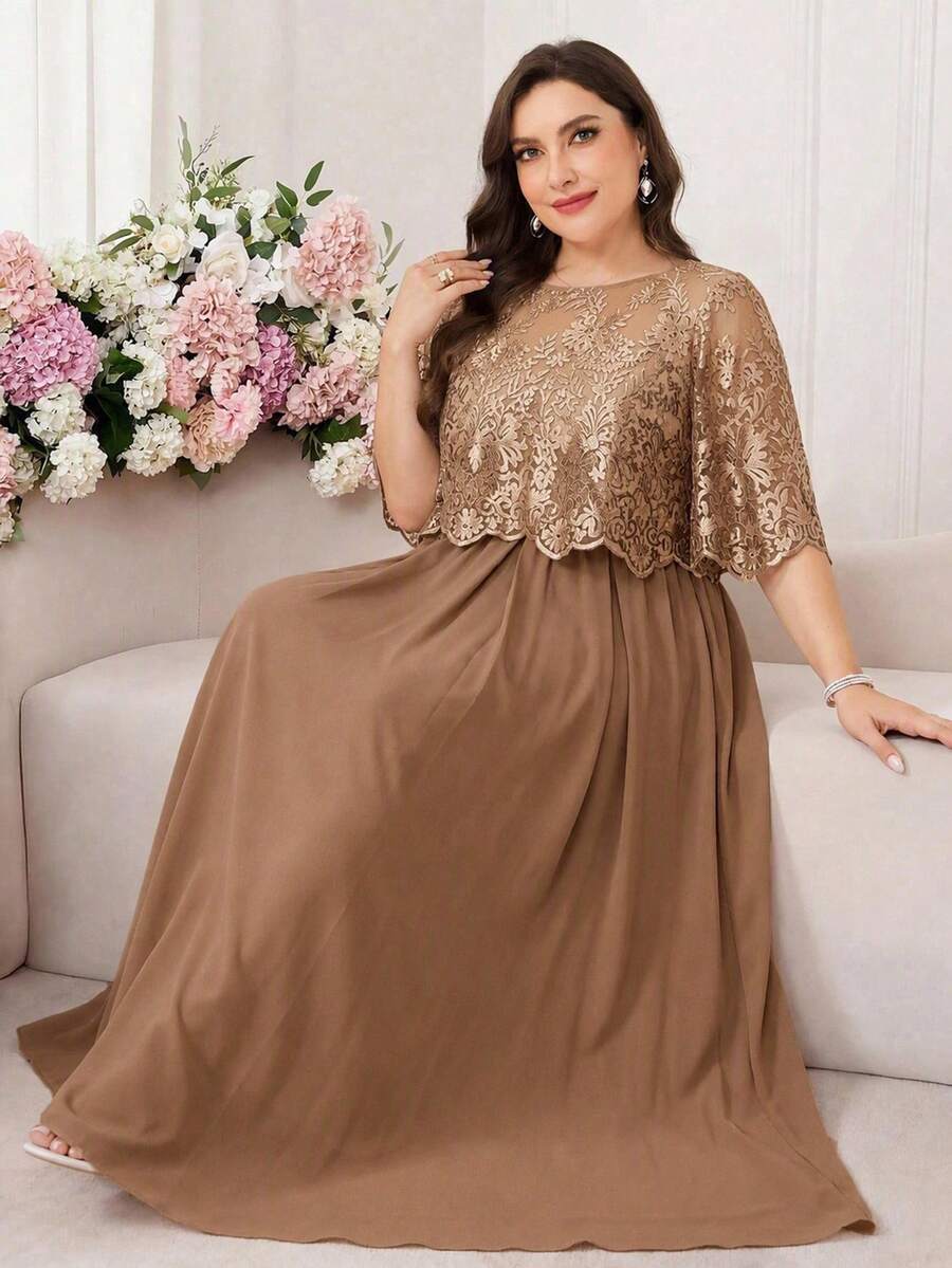 Reflora Plus Size Pleated Elegant Winter Dress Wedding Formal Mother Of The Bride Gold - Brown - View 1