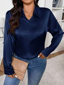 SHEIN Frenchy 休闲法式缎面米色加大码纽扣衬衫，适合办公室、通勤和日常穿着 - 藏蓝色 - 查看 3