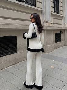 Mulvari Women's Minimalist Round Neck Autumn/Winter Sweater 2 Pieces Set Fall/Winter Casual Sets For Women Sweater White - Black and White - View 2